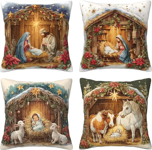 Vista 12 de Worltoldb Juego de 4 fundas de almohada de oso de Navidad con ciervo, para invierno, de Navidad, decorativas, de lino suave, funda de cojín cuadrada