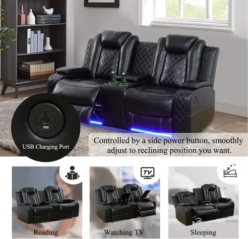 Vista 4 de Juego de sofá reclinable eléctrico con LED, juego de sofá de cuero transpirable para sala de estar, juego de sofá reclinable con puerto USB, Negro
