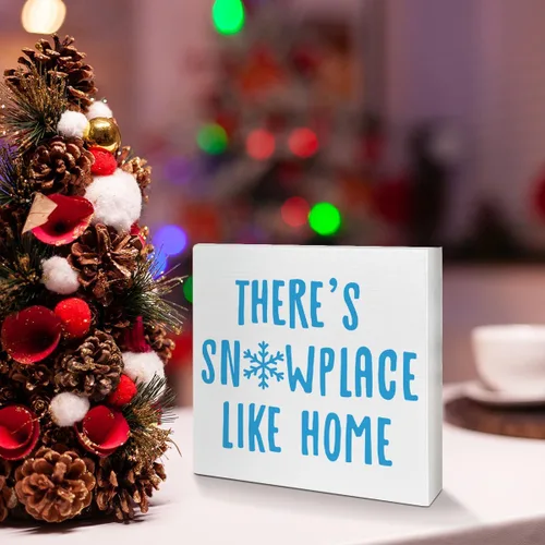 Vista 5 de Decoración de caja de madera para mesa de Navidad, con texto en inglés "There No Place Like Home", decoración de mesa navideña de invierno