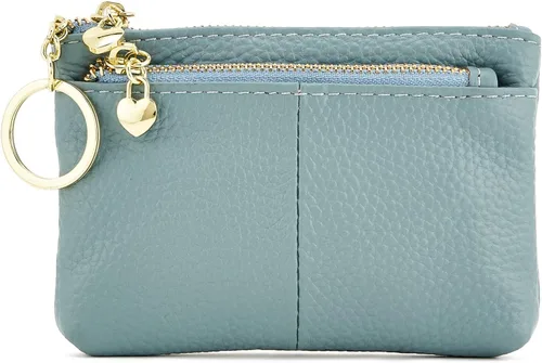 Vista 11 de Mini monedero con cremallera de cuero genuino para mujer, con llavero con triple cremallera, tarjetero Negro