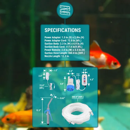 Vista 8 de TERA PUMP Limpiador de grava para acuario – Cambiador de agua eléctrico automático extraíble para tanque de peces, arandela de arena, filtro
