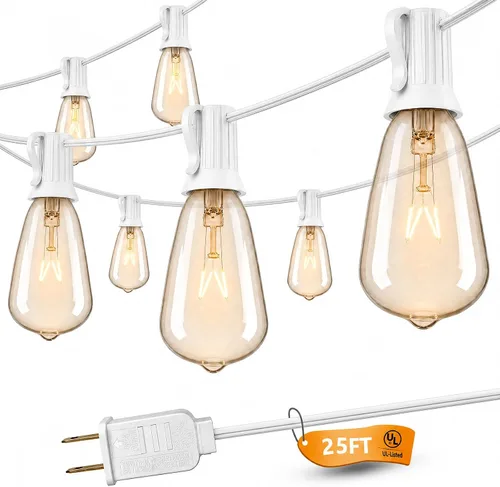 Vista 14 de SUNSGNE Tira de luces Edison para exteriores de 25 pies con 27 bombillas Edison transparentes, ST35 luces vintage para patio, jardín, patio, porche