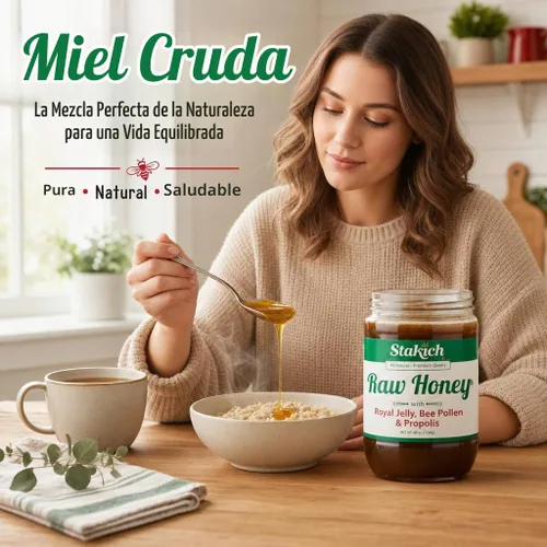 Vista 5 de Miel 100% pura sin procesar ni calentar, enriquecida con jalea real, polen y propóleo, de Stakich