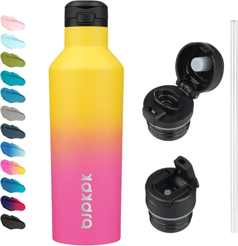 Vista 17 de BJPKPK Botella de agua aislada con pajilla, botellas de agua de acero inoxidable de 17 onzas con 2 tapas y asa de transporte, botella térmica