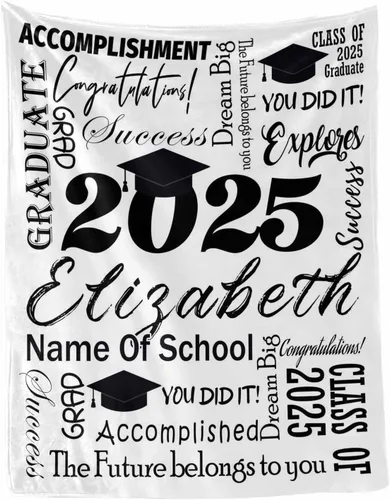 Vista 22 de MyPupSocks Manta personalizada de graduación 2025, clase de con nombre de la universidad, regalos personalizados, manta con texto para sobrina