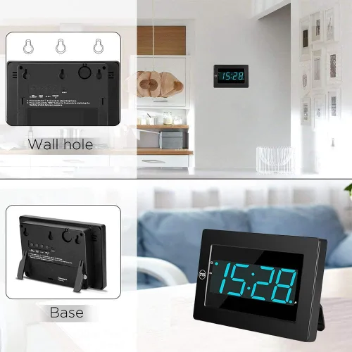Vista 5 de Reloj de pared digital con pilas, pantalla LED, reloj despertador digital con pilas, brillo ajustable, 12/24 horas