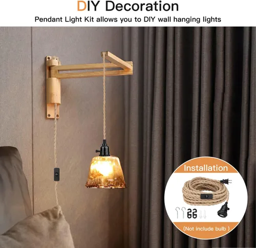 Vista 6 de Kit de luces colgantes de 16.5 pies, luces colgantes con cable de enchufe e interruptor, lámpara colgante de cuerda de cáñamo E26, cable de linterna