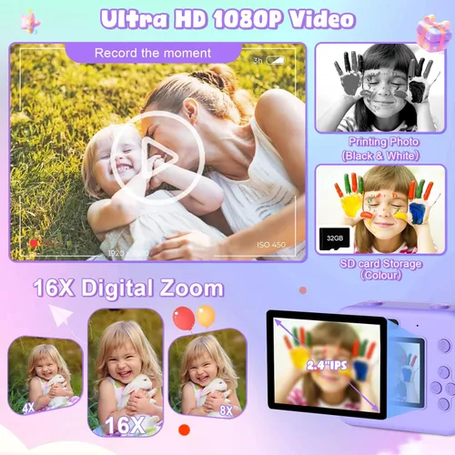 Vista 4 de Cámara digital para niños con impresión instantánea - Cámara de video digital HD 1080P para niños pequeños con papel de foto para imprimir, juguete