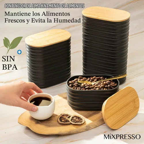 Vista 4 de Mixpresso Juego de recipientes negros para la cocina – Juego de recipientes herméticos de plástico para azúcar de 3 piezas con tapas de bambú