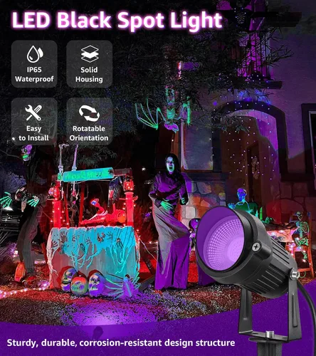 Vista 2 de SUNVIE Luces LED negras para exteriores, luz negra, impermeable, foco de luz negra de 10 W, foco de 120 V, luces de Halloween, luz negra para fiesta