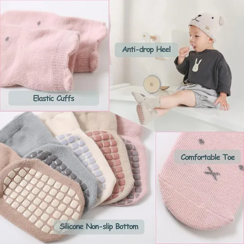 Vista 4 de QIYIENDIAN 5 pares de calcetines con agarres, calcetines antideslizantes para bebés y niños