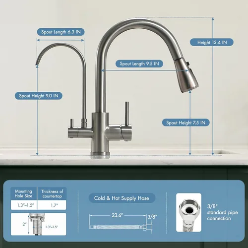 Vista 2 de GIMILI Grifo de cocina 3 en 1 de acero inoxidable negro con sistema de filtro de agua debajo del fregadero, reduce el plomo, cloro, mal sabor