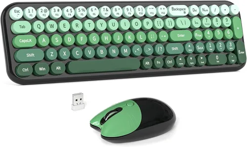 Vista 26 de MOWUX Combo de teclado y mouse inalámbricos, máquina de escribir de tamaño completo, teclado de computadora redondo retro, lindo mouse óptico, 2.4G