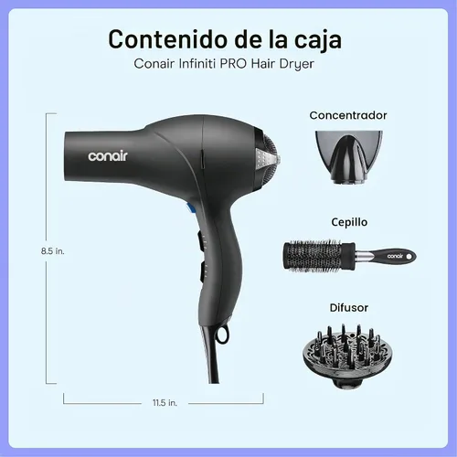 Vista 7 de Secador de pelo Infiniti PRO CONAIR con difusor, motor AC profesional, tecnología de cerámica de turmalina, incluye concentrador y cepillo