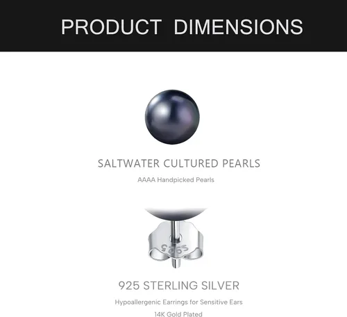 Vista 4 de YAMI Black/Grey/White Pearl Earrings, Real Cultured Pearl, 925 Sterling Silver Stud Earrings Plated with 18K Gold, Classic & Elegant Jewelry Gifts