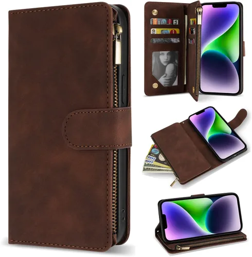 Vista 20 de ZZXX Funda tipo cartera para iPhone 14 Plus con [Bloqueo RFID] Ranura para tarjetas Cuero PU suave premium con cremallera tipo folio plegable