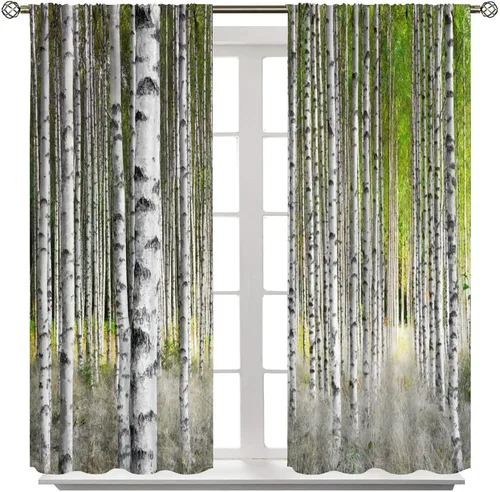 Vista 8 de Cortina opaca de bosque de verano, diseño de ramas de bosque, con bolsillo para barra, cortinas farbic con bolsillo para barra, comedor, cafetería