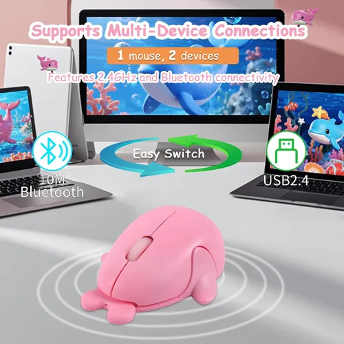 Vista 3 de Ratón inalámbrico Bluetooth lindo animal pequeño con forma de delfín ratones de computadora con receptor USB 2.4GHz y Bluetooth modo dual silencioso