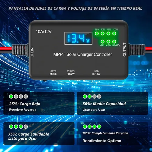 Vista 5 de Controlador de carga solar 10A MPPT 12V con USB-C y carga USB