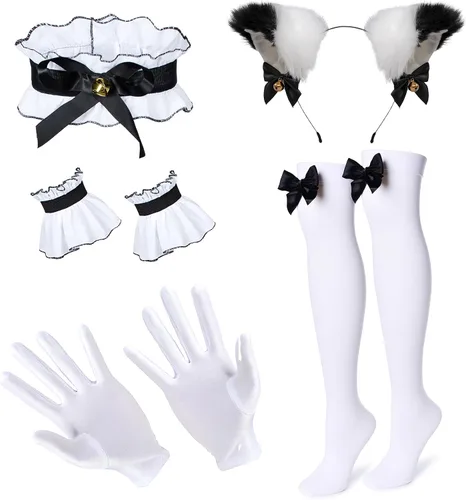 Vista 5 de Disfraz de princesa de anime para sirvienta disfraz de cosplay de orejas de gato peludo conjunto de calcetines