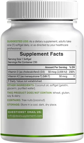 Vista 7 de DEAL SUPPLEMENT Vitamina D3 2,000 UI + K2 MK7 50mcg cápsulas blandas Complejo 2 en 1 con aceite de coco virgen Apoya la salud del corazón