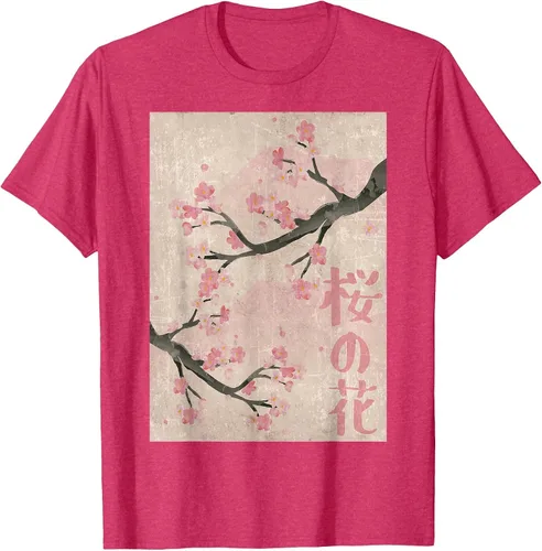 Vista 7 de Cherry Blossom Japanese Vintage Woodblock Japan Pink Sakura T-Shirt Asphalt Grey