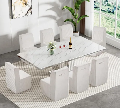 Vista 13 de Juego de mesa de comedor extensible marrón de 9 piezas para 8, 63 a 78.74 pulgadas, juego de mesa de cocina y comedor, mesa de comedor extensible