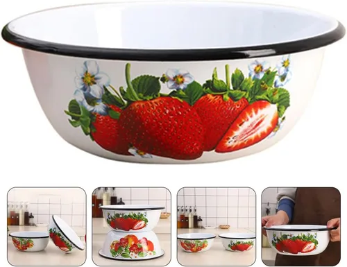 Vista 7 de LUOZZY Cuenca esmaltada Cocina Restaurante Tazón de sopa Cuenco Vintage Ensalada Enamelware (25CM, Fresa)