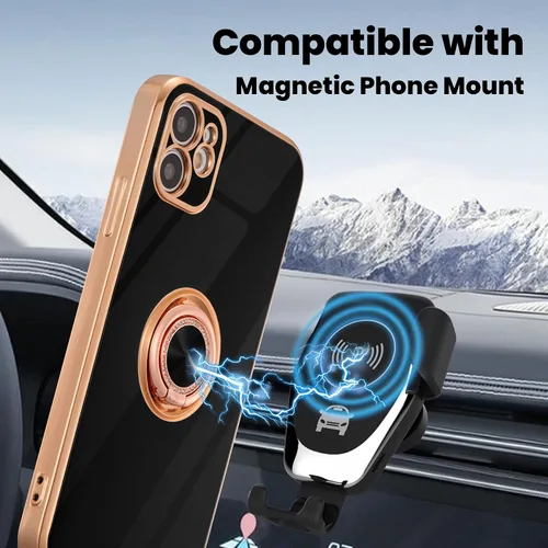 Vista 4 de ZCDAYE Funda para iPhone 12, iPhone 12 con soporte de anillo magnético, borde dorado galvanizado suave TPU a prueba de golpes para iPhone 12 - Negro