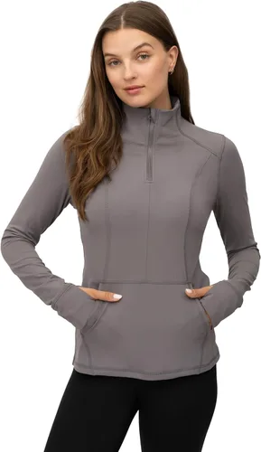Vista 14 de Yogalicious Chaqueta atlética ligera de media cremallera de manga larga con bolsillos delanteros y orificios para los pulgares