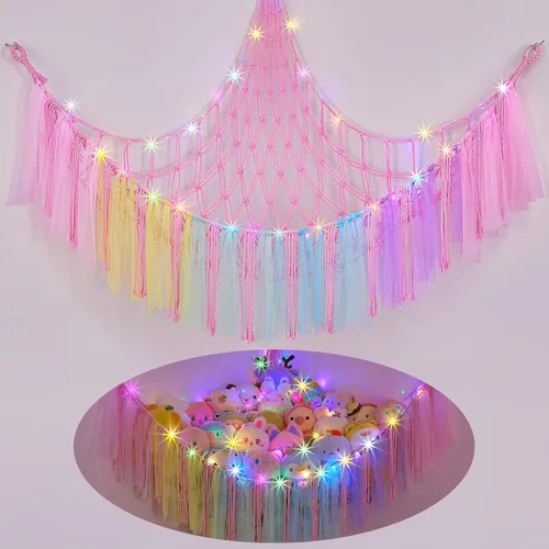 Vista 11 de FIOBEE Red de Animales de Peluche o Hamaca con Luz LED, Hamaca de Juguetes Colgante Organizador de Almacenamiento Soporte para Animales de Peluche