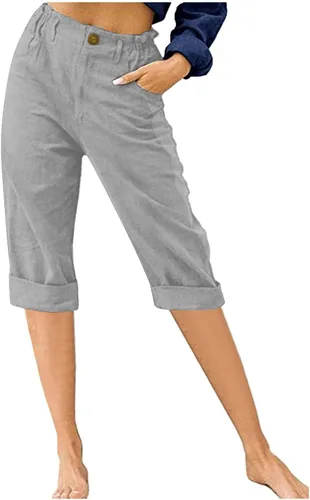 Vista 5 de Bermudas para mujer, hasta la rodilla, de algodón, lino, capri, pantalones capri de cintura alta con bolsillos, ropa de descanso Verde militar