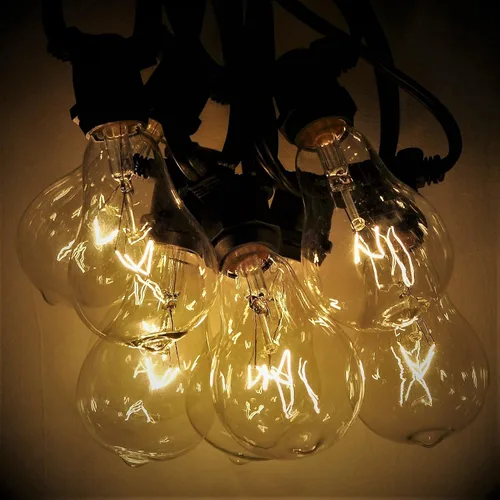 Vista 4 de Hometown Evolution, Inc. Cadena de luces Edison vintage de grado comercial para exteriores (PS50 transparente, cable negro comercial, 25 pies)