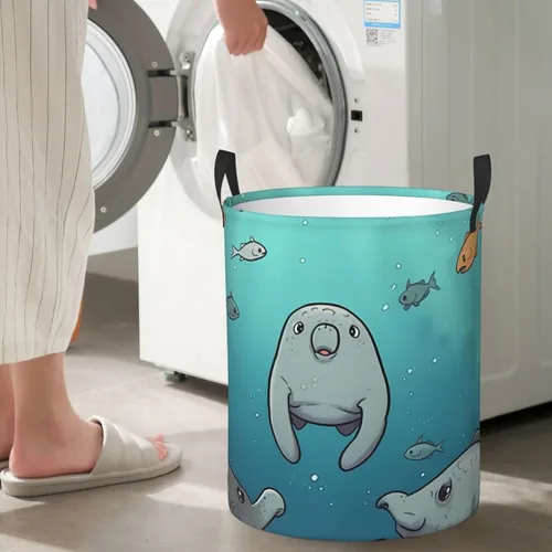Vista 7 de Crazy Save Manatee print Circular Hamper Waterproof Storage Bin Organizer Basket Laundry Hamper With Handles For Clothes Toys Small