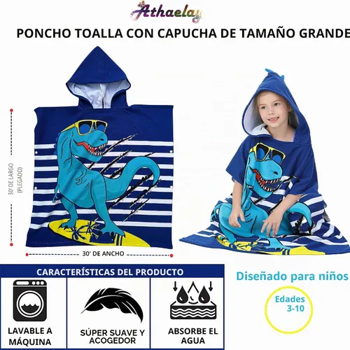 Vista 4 de Toalla de playa de dinosaurio con capucha para niños y niñas de 3 a 10 años con capucha, bata de baño para niños