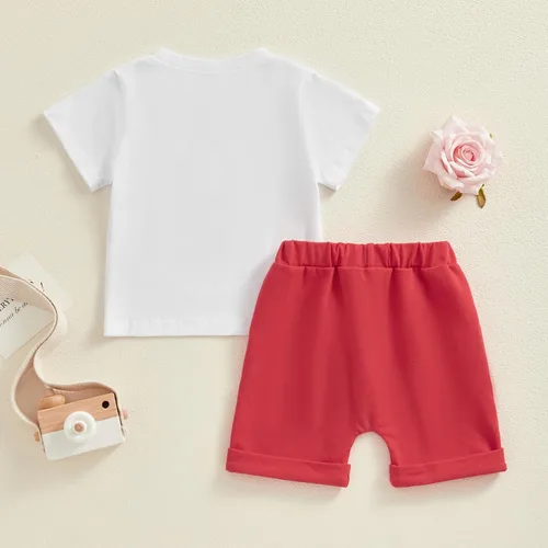 Vista 7 de Conjunto de camiseta de manga corta para el día de San Valentín para bebé, niña, niño, camiseta de manga corta, pantalones cortos con cintura