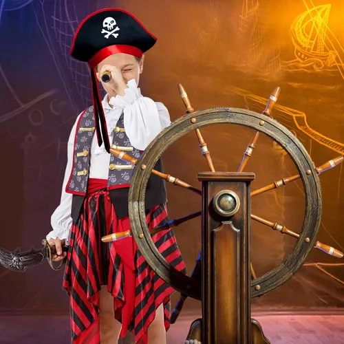 Vista 5 de Joy Bang Disfraz de pirata para niños, disfraces de bucanero de Halloween para niños y niñas de 3 a 12 años, juego de rol de simulación de cosplay
