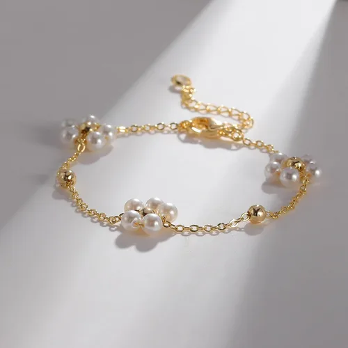 Vista 4 de Pulsera de oro para mujer, chapada en oro de 14 quilates, con cuentas de margaritas y perlas de tenis, joyería simple