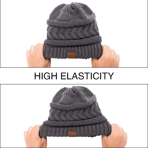 Vista 6 de Rosoz Gorro de cola de caballo para mujer, gorro cálido de invierno, suave, elástico, de punto trenzado, para moño alto