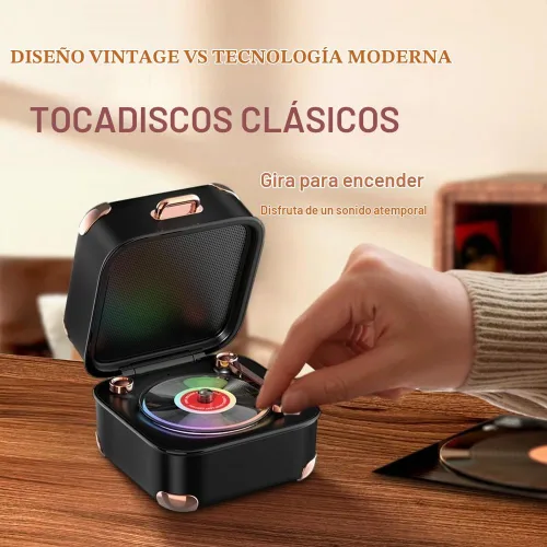 Vista 3 de Altavoz Bluetooth retro con luz de vinilo RGB, Turnables, tocadiscos pequeño, deco estética, sonido estéreo, batería larga, mini altavoz vintage