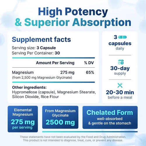 Vista 7 de Magnesio para el sueño y la recuperación: glicinato de magnesio de alta potencia de 2500 mg para hombres y mujeres, quelado para una alta absorción