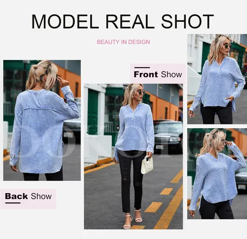 Vista 7 de Dokotoo Camisas de manga larga con cuello en V y botones para mujer, blusas lisas de gran