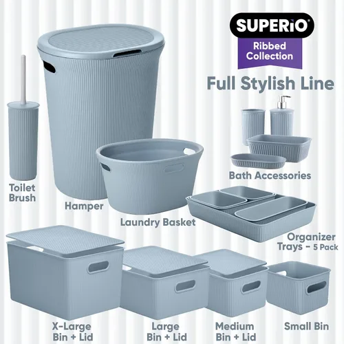 Vista 4 de Superio Colección acanalada - Cesto decorativo de plástico para ropa sucia con tapa y asas recortadas, azul (1 paquete) Organizador de cesta