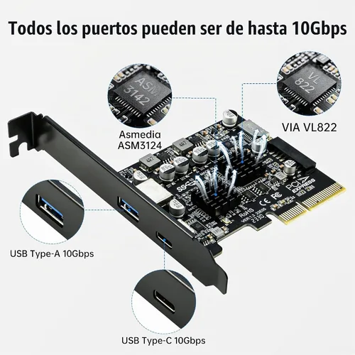 Vista 2 de Tarjeta PCIe USB 3.1, adaptador RIITOP PCI-e 3.0 x4 a USB 3.2 Gen2 (10Gbps) se expande a 20 pines + tipo E + 1 USB 3.0 + 1 USB C