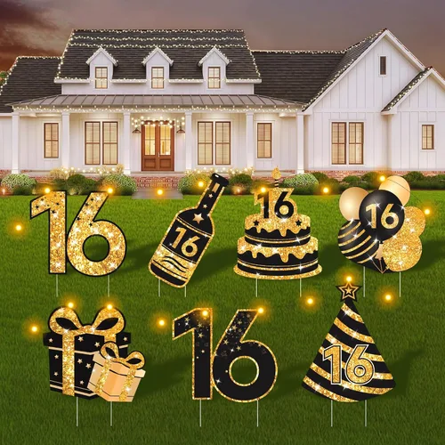 Vista 17 de Decoraciones de cumpleaños número 13 para niñas - 7 piezas de letreros de cumpleaños rosas para el patio con estacas, 2 piezas de luces LED Rosa 13
