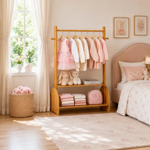 Vista 6 de BAMBOOHOMIE Perchero de ropa para niños con varillas ajustables, perchero de ropa para niños, bebés, mascotas, perchero para niños con 2 estantes