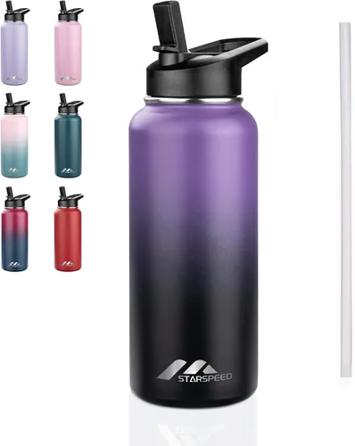 Vista 32 de StarSpeed Botella de agua aislada de 32 onzas con tapa con pajilla, botella de agua al vacío de doble pared de acero inoxidable, botella de agua