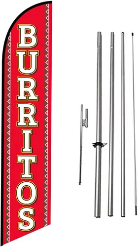 Vista 24 de Fresh Birria - Letrero de plumas publicitarias para restaurante mexicano con kit de poste de 15 pies y estaca para el suelo, tema negro/rojo/blanco