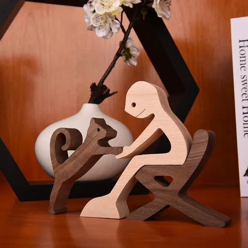 Vista 2 de ISHINE Escultura de madera para hombres y gatos, figuras de animales hechas a mano, decoración de madera, figura coleccionable para oficina en casa