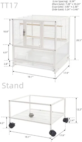 Vista 3 de Jaula apilable para pájaros de cría con deflector a prueba de salpicaduras, soporte rodante con ruedas, para pajareros, canarios, cacatúas